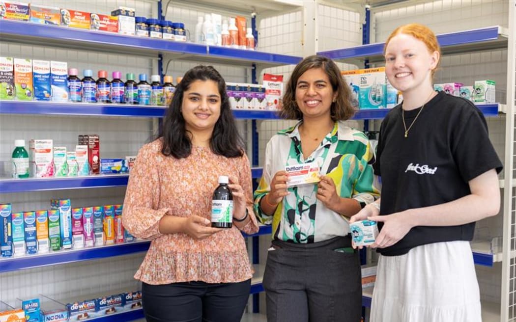 University of Waikato pharmacy students Rhea Roy, Teres Siby and Gabby Allerby.