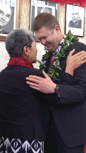 Labour Party supporter Sally Ikinofo hugs David Cunliffe after his announcement.
