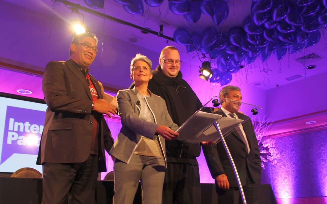 From left, Hone Harawira, Laila Harre, Kim Dotcom and Vikram Kumar.