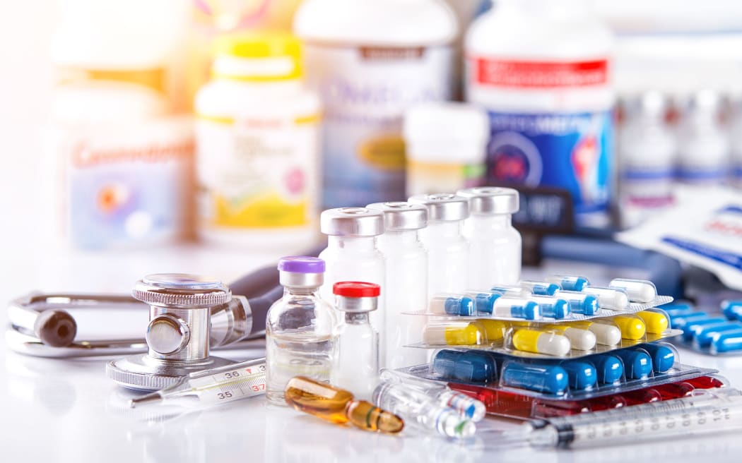 Drug prescription for treatment medication. Pharmaceutical medicament, cure in container for health. Pharmacy theme, capsule pills with medicine antibiotic in packages.