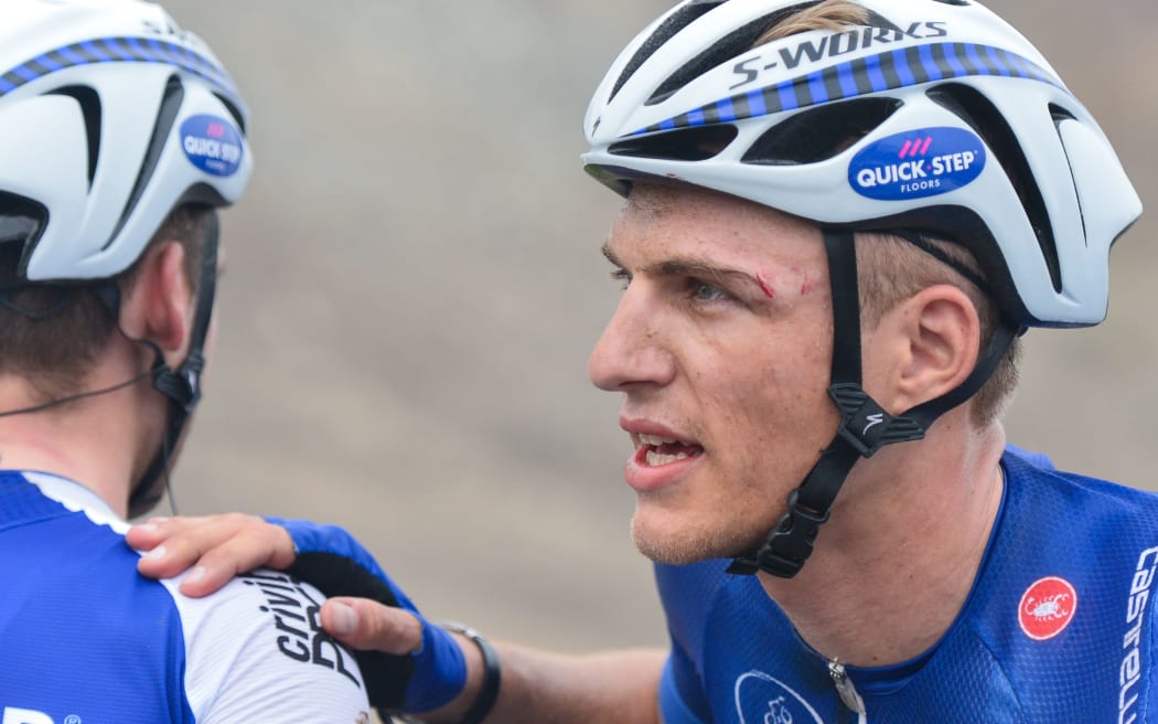 Germany's Marcel Kittel congratulates his team-mate Maximilian Schachmann, as he keeps the lider Blue Jersey after the third stage of Dubai Tour 2017.