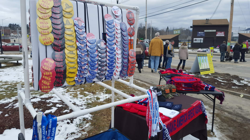 Merchandise outside Donald Trump's rally at Plymouth State University, New Hampshire, on 7 February 2016.