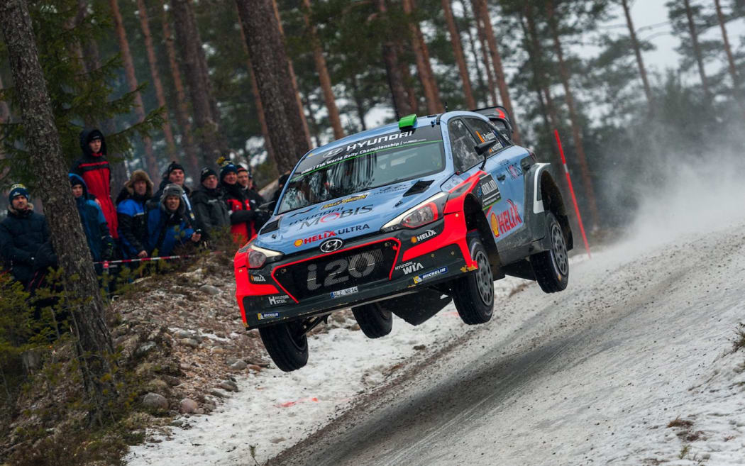 Hayden Paddon gets some air at WRC Sweden