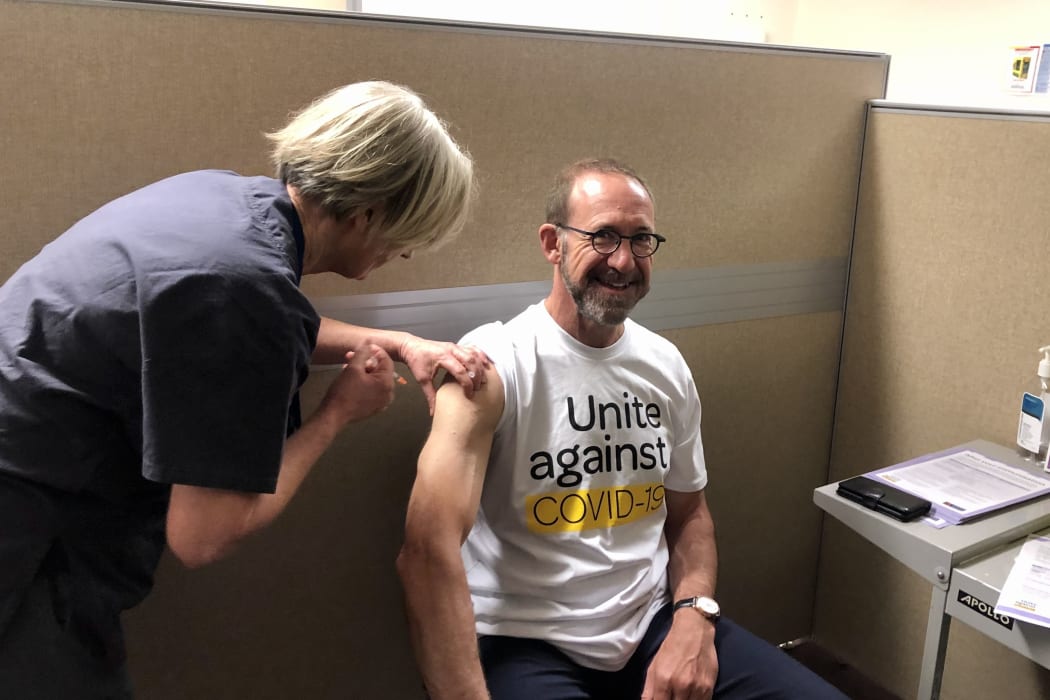 Health Minister Andrew Little receives a Covid-19 vaccine, Wellington, 7 April 2021.