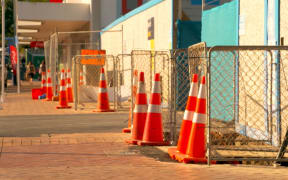 Road cones fill Tauranga CBD.