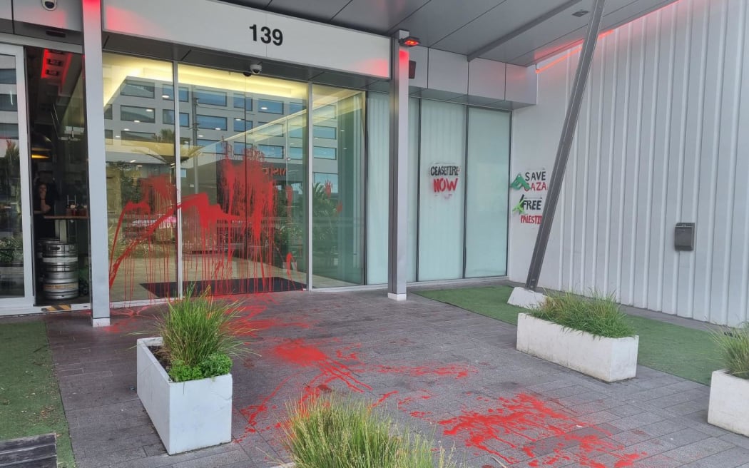 Red paint dripping down the doors of the United States consulate and Ministry of Foreign Affairs building in Auckland on 14 November, 2023.