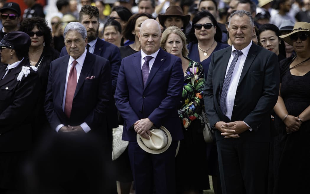 Winston Peters, Christopher Luxon and Shane Jones at Rātana Pā, January 2024.