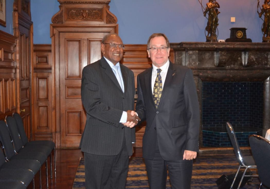 The Solomon Islands minister for Foreign Affairs, George Milner Tozaka and the New Zealand Foreign Affairs Minister Murray McCully.