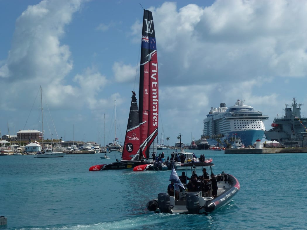 Team New Zealand heads out onto the water ahead of their first race.