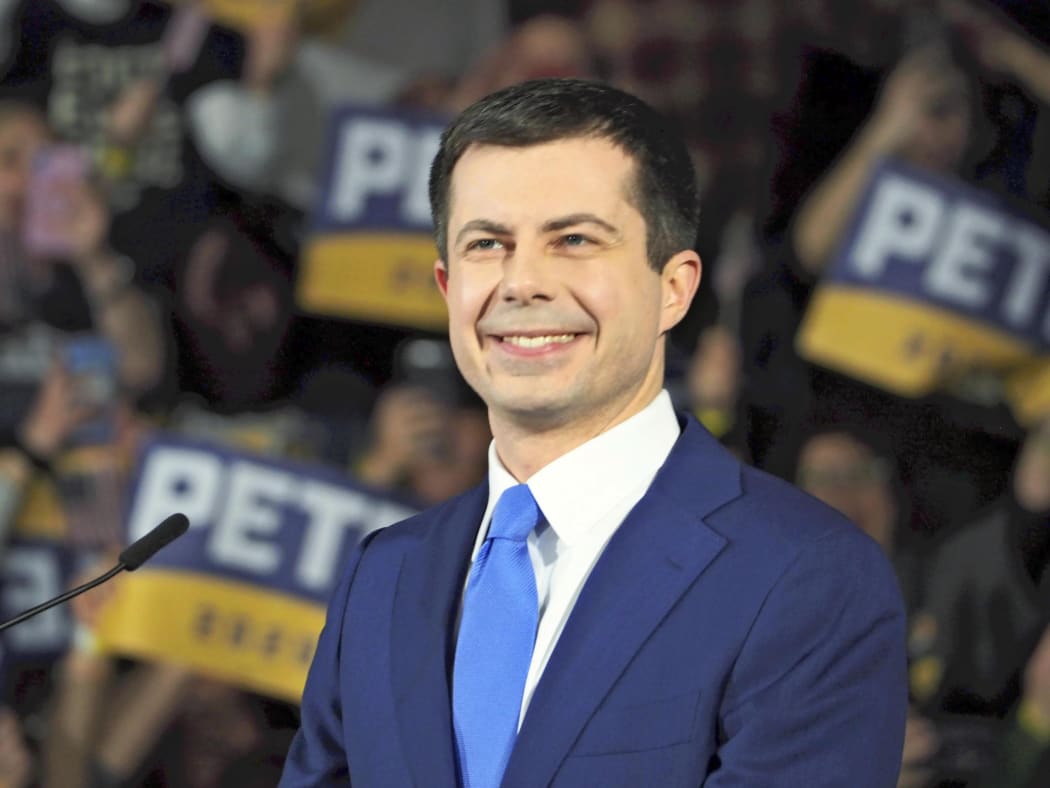 Pete Buttigieg thanks supporters during a rally in Nashua, New Hampshire on Feb. 11, 2020.