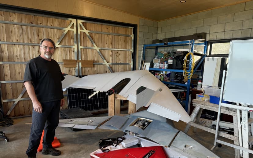 Philip Solaris, drone inventor, inside his workshop full of secrets.