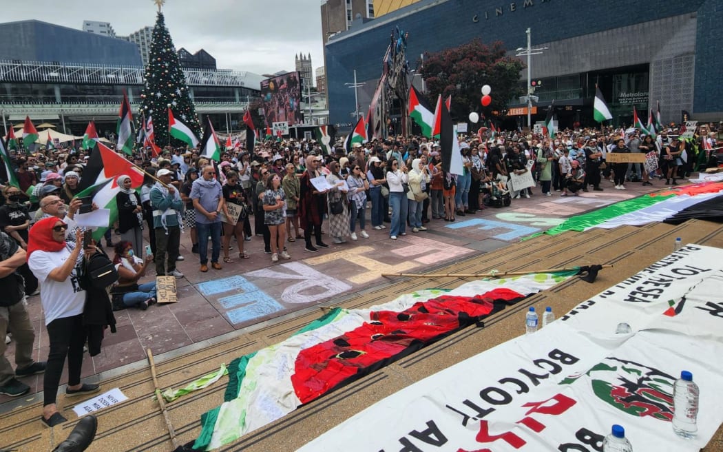 Crowds gather at Auckland's Aotea Square to call for a ceasefire in the Israel/Gaza conflict.