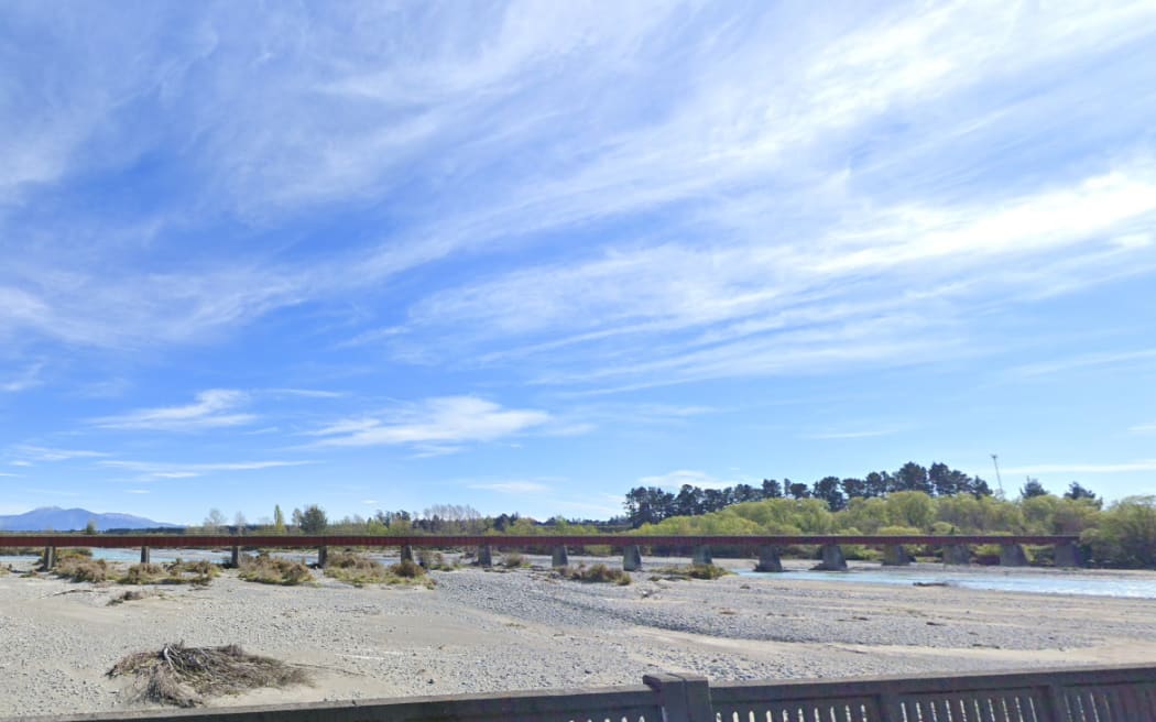 The Rangitata Rail Bridge before high floodwaters washed away one of its 34 piers on 12 April, 2024.