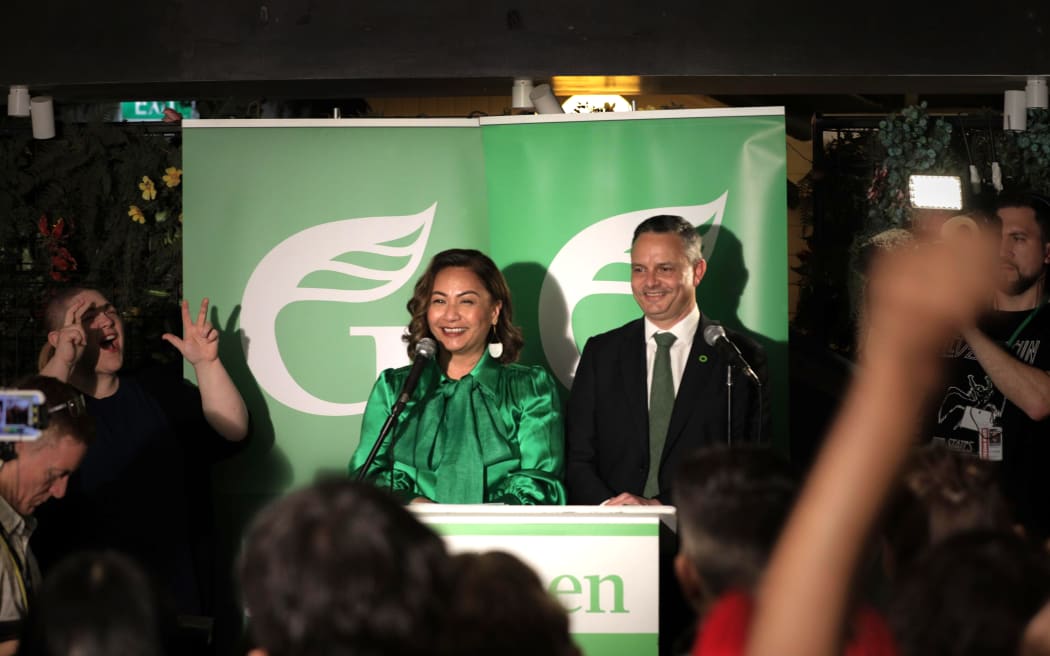 Green Party co-leaders Marama Davidson and James Shaw on election night.