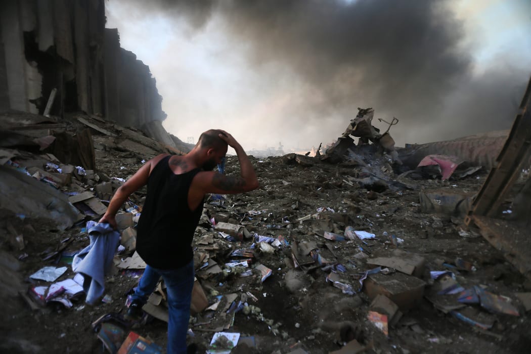The scene of an explosion at the port in the Lebanese capital Beirut