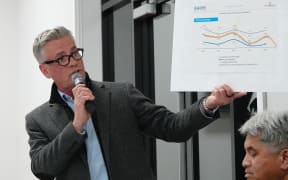 Mayoral candidate Jason Smith displays a graph he says shows plummeting satisfaction with Kaipara District Council.