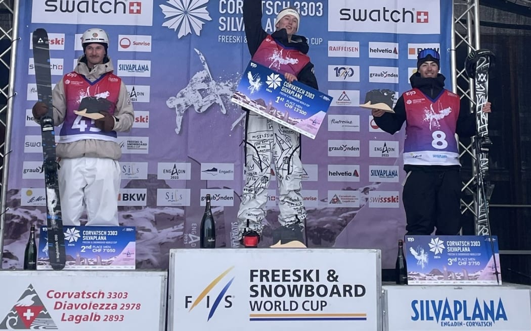 Luca Harrington (R) on the podium at the Freeski World Cup in Switzerland, 2024. Credit: Snow Sports NZ.