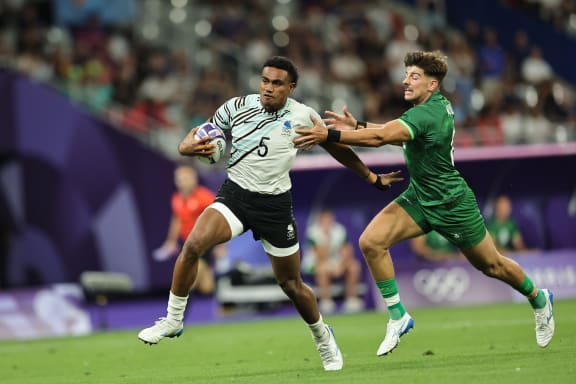 Fiji’s Iosefo Masi cuts through the defense for a try on day two of the Paris 2024 Olympic Games at Stade de France on 25 July, 2024 in Paris. Photo credit: Mike Lee - KLC fotos for World Rugby