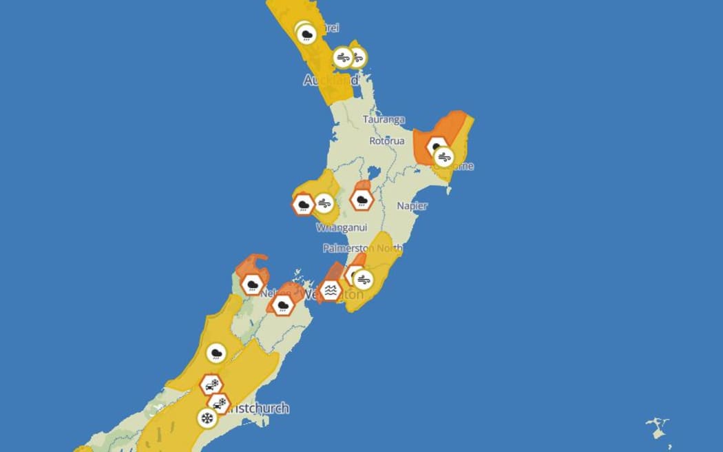 A map indicating MetService weather warnings and weather watches in place at 1.30pm on 3 June 2025.
