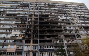 An apartment block catches fire due to falling Russian drone debris in the Pecherskyi district of Kyiv, Ukraine, on 10 October, 2025.