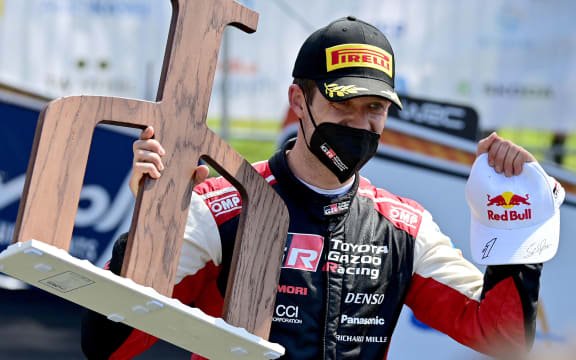 French Sebastien Ogier holds the winning trophy after the Croatia Rally, the third round of the FIA World Rally Championship on April 25, 2021 in Kumrovec, north of Zagreb.