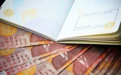 one hundred new zealand cash money bank note on table with red cover passport book