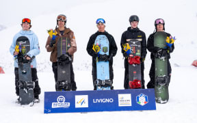 Men’s Snowboard Slopestyle top 5. [L-R] Brooklyn Depriest (USA) in 1st, Romain Allemand (FRA) in 2nd, Rocco Jamieson (NZL) in 3rd, Pyry Posio (FIN) in 4th & Eli Bouchard (CAN) in 5th. Credit Fabio Borga