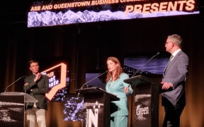 National's Nicola Willis and Green's James Shaw during the ASB Great Debate in Queenstown on 14 September 2023.