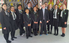Deputy Prime-Minister Bill English at Taita College with students and principal, Karen Morgan.