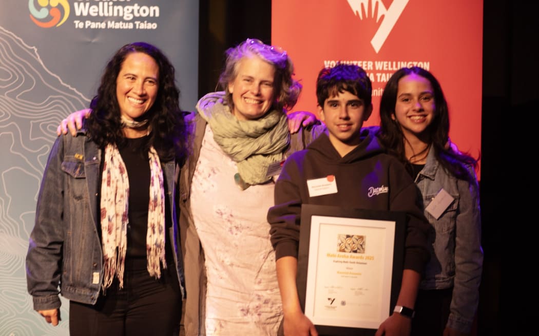 Courtney Kenny (left), Mandi Lynn, Maverick Amanini, and Sofia Amanini (right) at Volunteer Wellington's Mahi Aroha Awards.