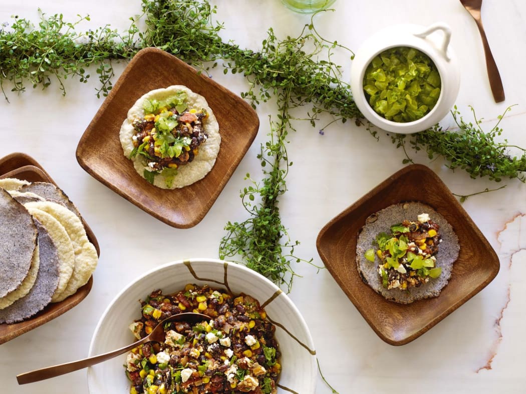 Corn Tortillas with black beans, corn and a green grape salsa