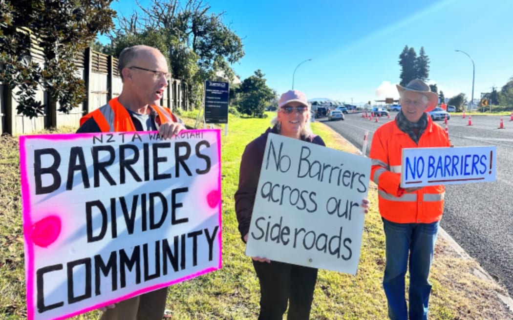 State Highway 2 median barrier protesters in July. Photo / Blake Judson