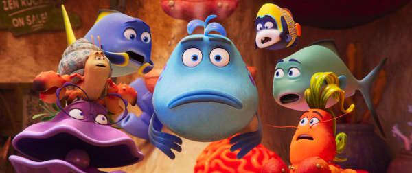 A still from the animation film Pout-Pout Fish showing the various characters surrounding a stunned Mr Fish with their mouth open.