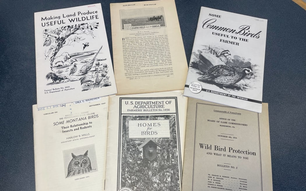 Some of Sara Kross' collection of publications from the early 20th century on the benefits of birds on farms