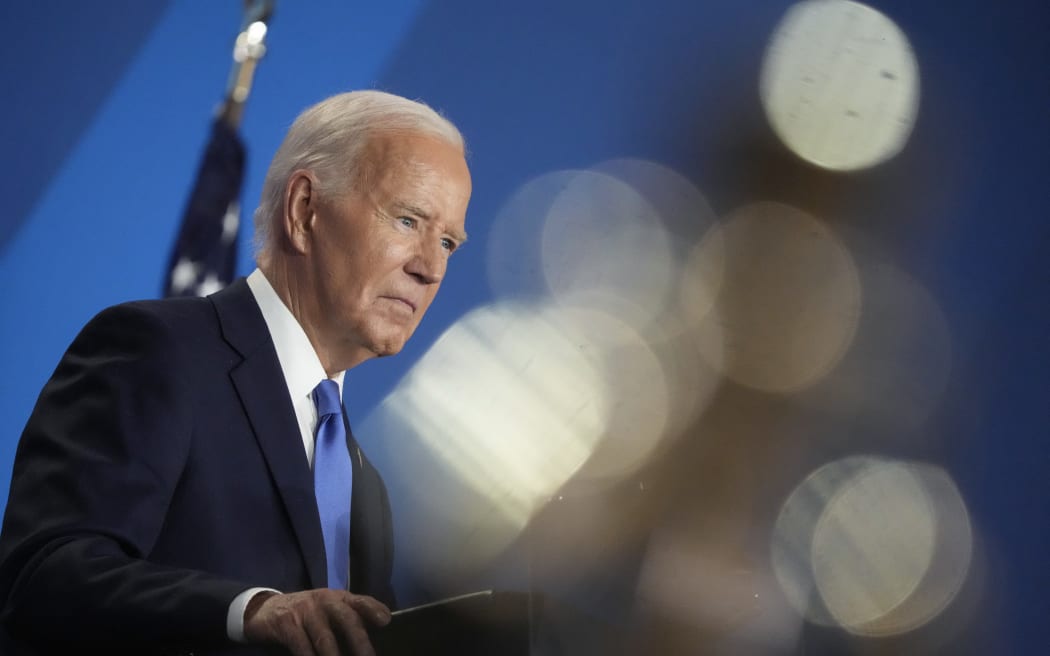 WASHINGTON, DC - JULY 11: U.S. President Joe Biden holds news conference at the 2024 NATO Summit on July 11, 2024 in Washington, DC. NATO leaders convene in Washington this week for the annual summit to discuss future strategies and commitments and mark the 75th anniversary of the alliance’s founding.   Kent Nishimura/Getty Images/AFP (Photo by Kent Nishimura / GETTY IMAGES NORTH AMERICA / Getty Images via AFP)