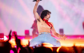 Australia's Go-Jo performs the song "Milkshake Man" during a dress rehearsal for the second semifinal of this year's Eurovision in Basel, Switzerland, on Wednesday, May 14, 2025. (Photo: Ida Marie Odgaard/Ritzau Scanpix) (Photo by Ida Marie Odgaard / Ritzau Scanpix / Ritzau Scanpix via AFP)