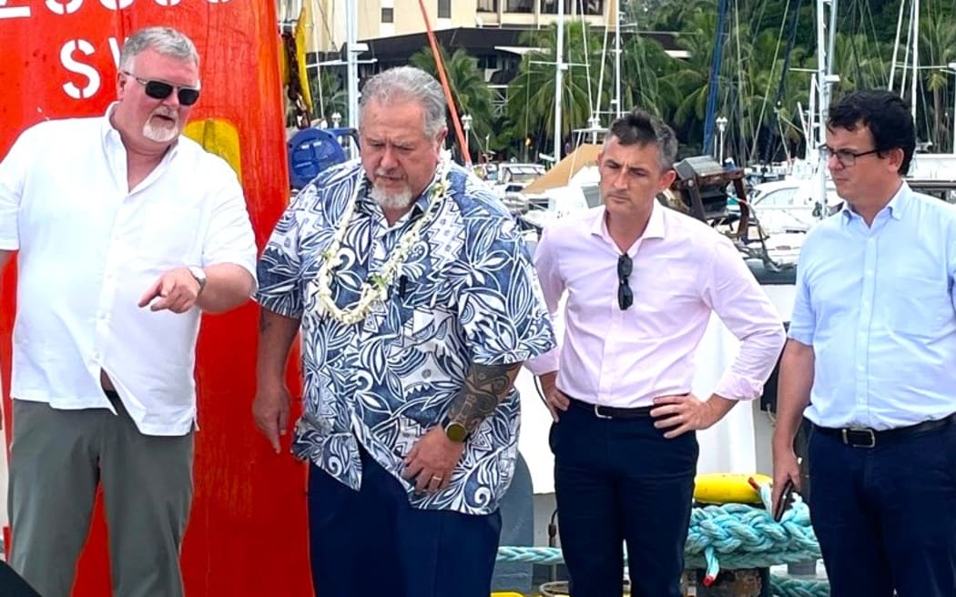 French Polynesia’s President Moetai Brotherson on board Google survey ship inspects survey equipment.