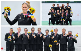 Single sculls gold medallist Emma Twigg, the champion NZ men's eight and women's eight silver medallists on the final day of the Olympic rowing programme in Tokyo.