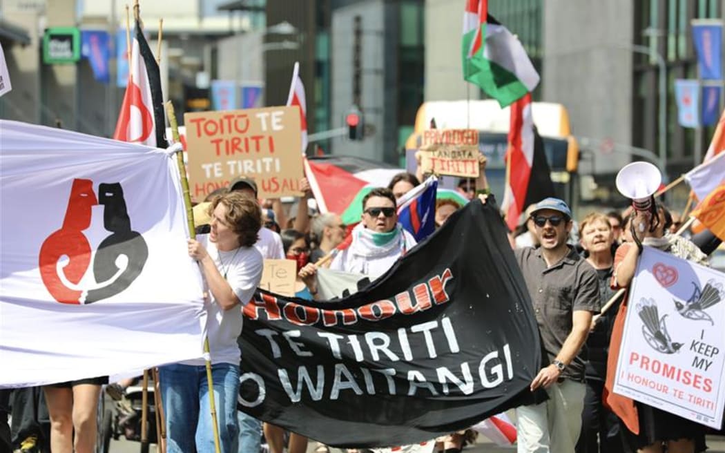 Protesters in Newmarket march to oppose the controversial Treaty Principles Bill.