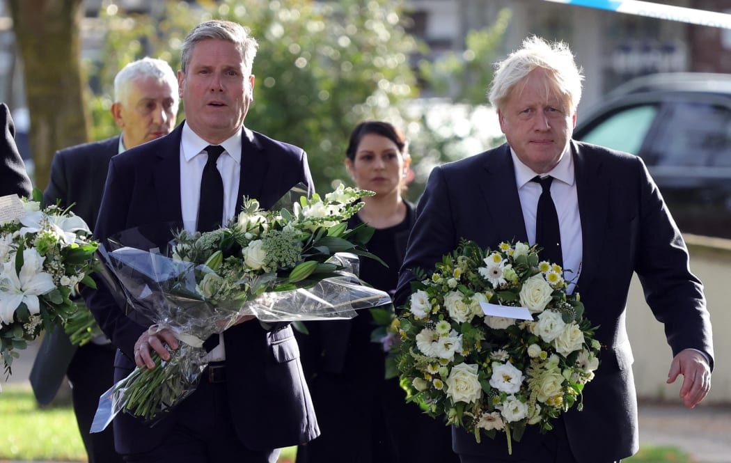 Prime Minister Boris Johnson  Leader of the Opposition Sir Keir Starmer, the Home Secretary Priti Patel and the Speaker of the House of Commons Sir Lindsay Hoyle pay their respects to the Conservative MP Sir David Amess after  , in Leigh-on-Sea, Essex, on October 16, 2021.