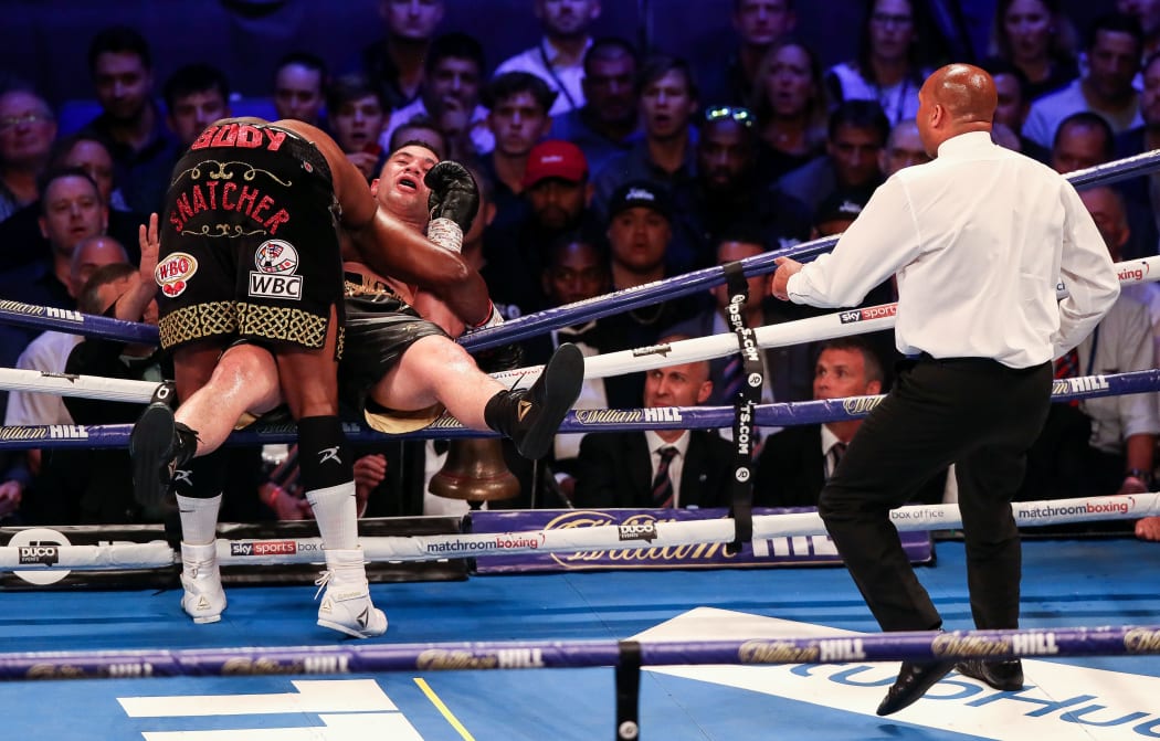 Matchroom Boxing Presents Dillian Whyte vs Joseph Parker, The O2, London, England 28/7/2018
Joseph Parker vs Dillian Whyte
Joseph Parker and Dillian Whyte fall onto the ropes
Mandatory Credit ©INPHO/Gary Carr / www.photosport.nz