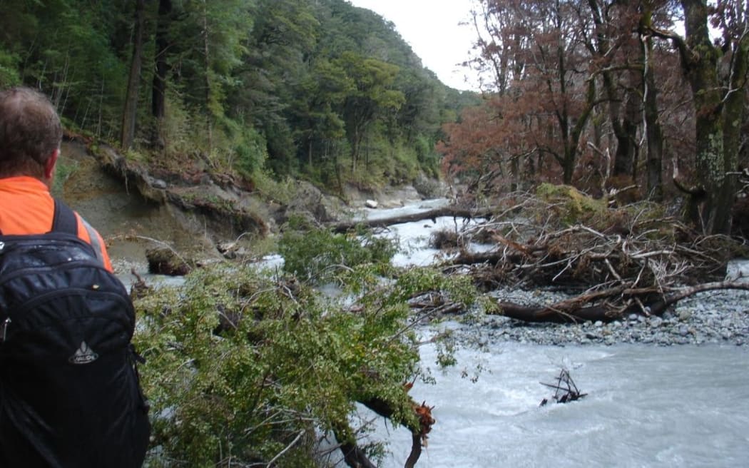 A part of the Dart Valley track that has been washed away.