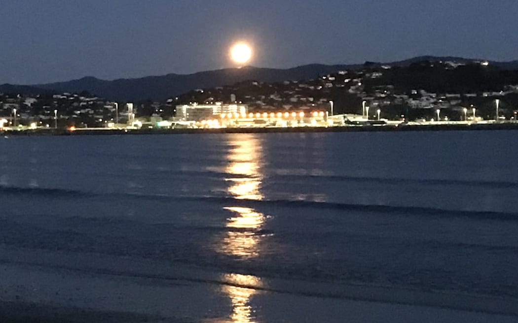 Supermoon rising above Lyall Bay and Wellington airport.