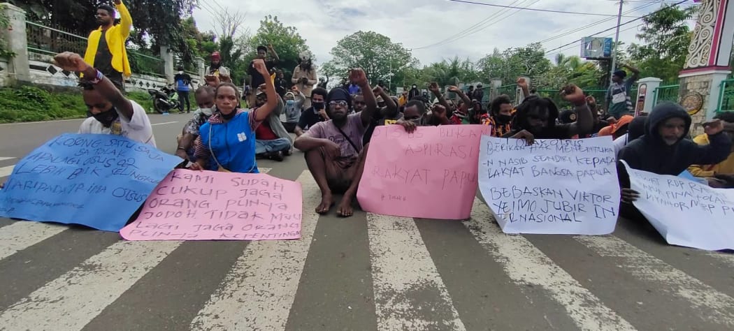 A demonstration by West Papuans against the Indonesian government's plans for Special Autonomy provisions for their region, Manokwari, 15 July 2021