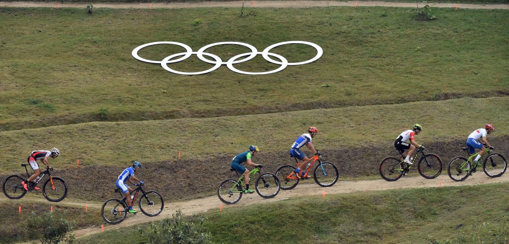 Riders compete in the cycling mountain bike men's cross-country race at the Rio Olympics.