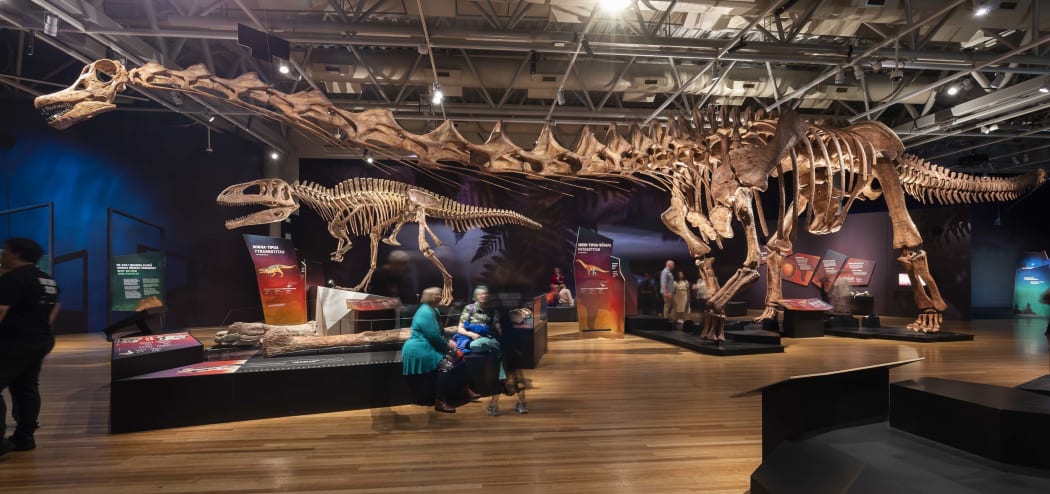 A huge sauropod skeleton with a long neck takes up most of the room, dwarfing people sitting beneath its neck. A T rex-esque skeleton is in the background; it is much smaller.