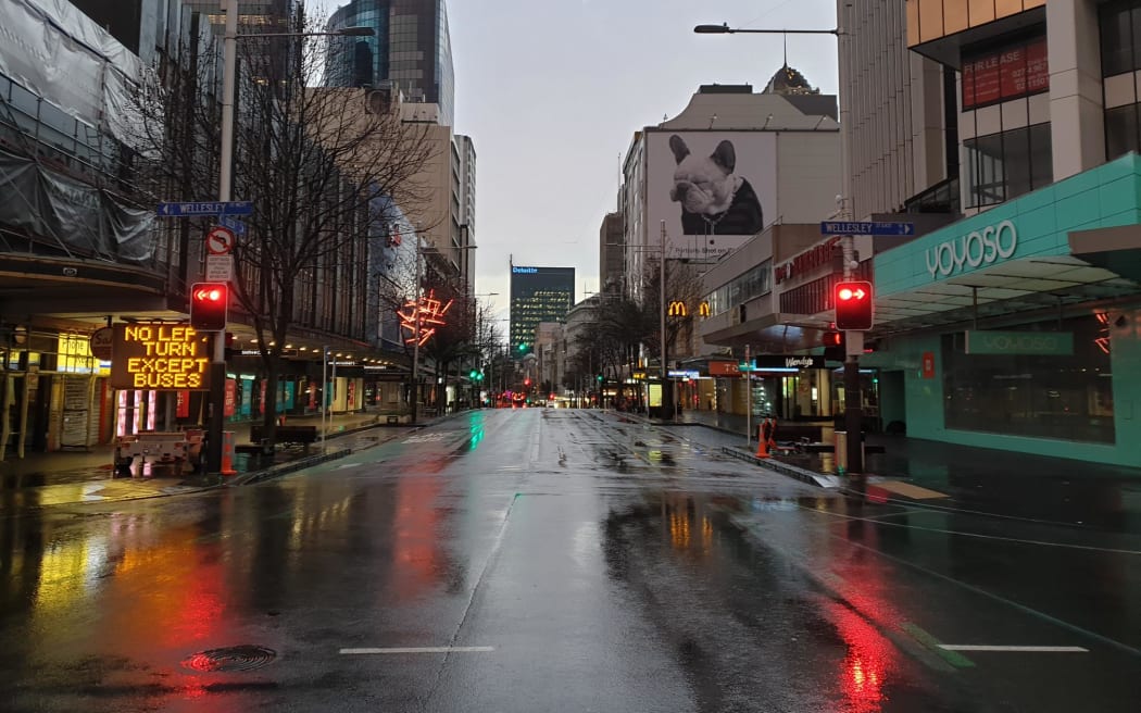 Only rubbish trucks and buses can be seen on Queen Street in Auckland's CBD.