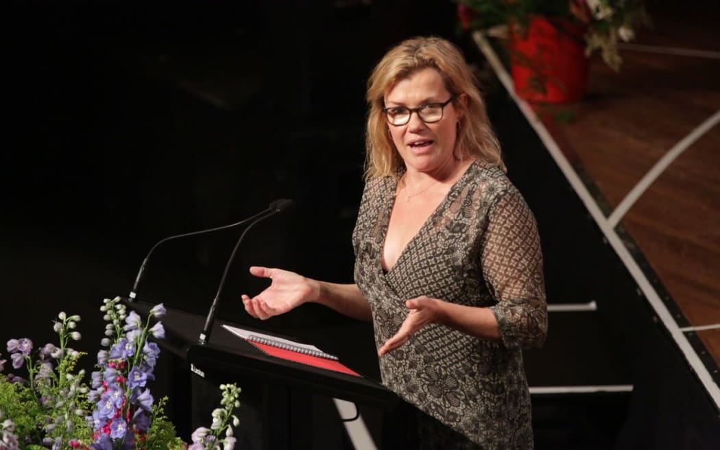Actress Robyn Malcolm speaks the Helen Kelly memorial service.