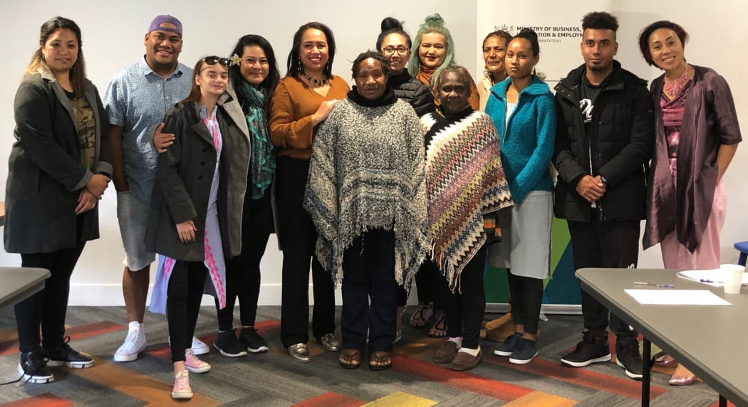 Pacific island designers in Auckland with New Zealand MP Agnes Loheni, fifth from  left, and stylist Nora Swann, far right.