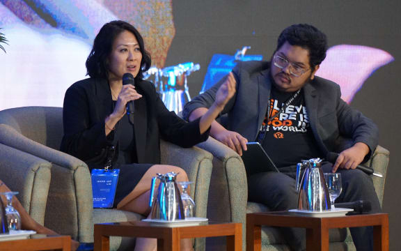 Irene Jay Liu, Regional Director, Asia & the Pacific at the International Fund for Public Interest Media (L) and Don Kevin Hapal, Head of Data and Innovation at Rappler.